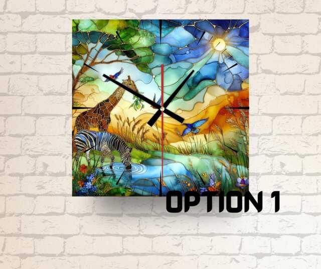 Faux Stained Glass Safari Clock Giraffe & Zebra Art - 20cm/30cm - image 1