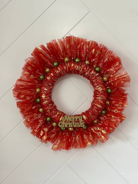 Handmade Christmas Tulle Wreath, Glitter Ball Accents, Holiday Decor