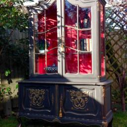 Vintage French Louis Style Bookcase, Black & Red Hand-Painted Display Cabinet - thumbnail 2
