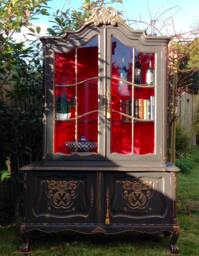 Vintage French Louis Style Bookcase, Black & Red Hand-Painted Display Cabinet - thumbnail 1