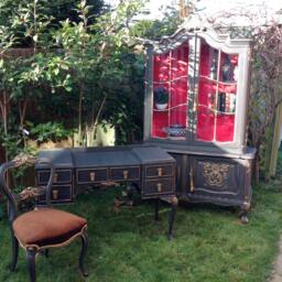 Vintage French Louis Style Bookcase, Black & Red Hand-Painted Display Cabinet - thumbnail 4