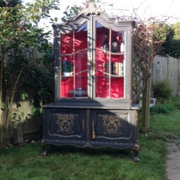 Vintage French Louis Style Bookcase, Black & Red Hand-Painted Display Cabinet - thumbnail 3