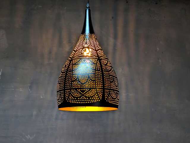 Moroccan Pendant Light Black Metal Pear Lamp Shade, Farmhouse - image 1