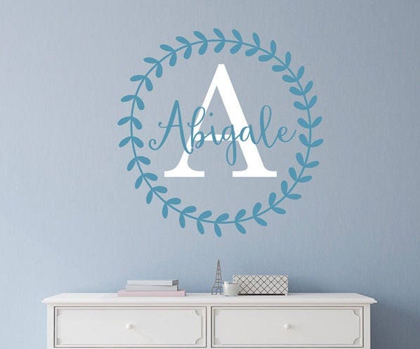 Custom Name Initial Large Vine Leaves Vinyl Wall Decal Personalized Nursery Choose Color Font Monogram Girls Boys Laurel Leaf Rustic Mono229 - image 1