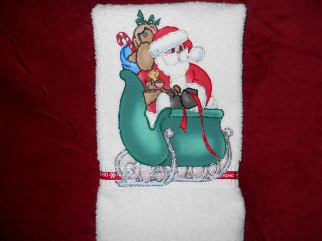 Appliqued Christmas Hand Towel Santa's Sleigh Holiday Decor - image 1