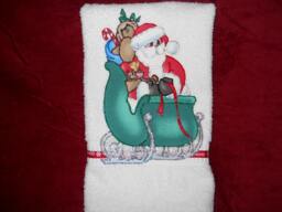 Appliqued Christmas Hand Towel Santa's Sleigh Holiday Decor