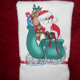 Appliqued Christmas Hand Towel Santa's Sleigh Holiday Decor - thumbnail 2