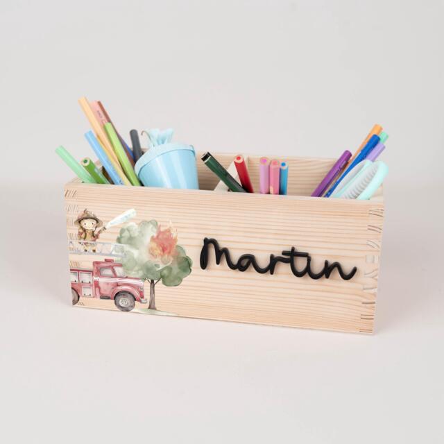Personalized Fire Department Pen Holder, Desk Organizer Wood Acrylic Name, School Enrollment Cup, Child Boy Gift - image 1