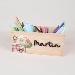 Personalized Fire Department Pen Holder, Desk Organizer Wood Acrylic Name, School Enrollment Cup, Child Boy Gift - thumbnail 1