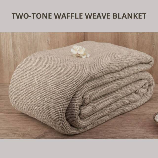 Two-Tone Beige Cotton Waffle Blanket Italian Woven Bed Cover - image 1