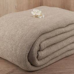 Two-Tone Beige Cotton Waffle Blanket Italian Woven Bed Cover - thumbnail 4