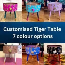Round Tiger Side Table With Drawer. Print in 7 Colours, Pink, Navy, Mint, Tan, Turquoise. Ideal Coffee Or Nightstand, Customised - thumbnail 1