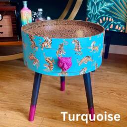 Round Tiger Side Table With Drawer. Print in 7 Colours, Pink, Navy, Mint, Tan, Turquoise. Ideal Coffee Or Nightstand, Customised - thumbnail 3