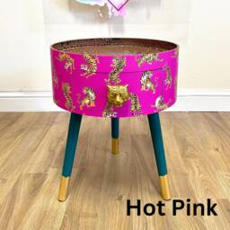 Round Tiger Side Table With Drawer. Print in 7 Colours, Pink, Navy, Mint, Tan, Turquoise. Ideal Coffee Or Nightstand, Customised - thumbnail 2