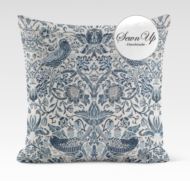 Cushion Cover Chenille 29 Sizes Strawberry Thief Blue William Morris Handmade Birds Floral Garden Victorian Arts Scatter Throw Pillow - image 1
