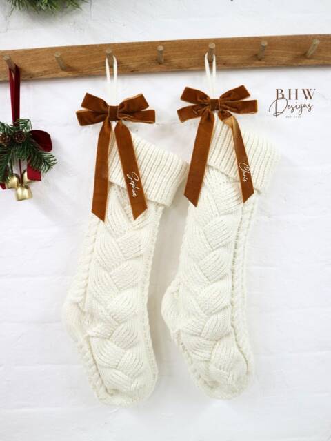 Personalised Name Cream Knitted Stocking With Velvet Bow Hanging Christmas - image 1