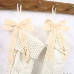 Personalised Name Cream Knitted Stocking With Velvet Bow Hanging Christmas - thumbnail 2