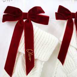 Personalised Name Cream Knitted Stocking With Velvet Bow Hanging Christmas - thumbnail 3