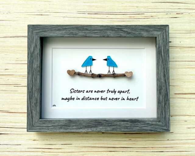Sea Glass Bird Art, Sisters Gift, Framed Coastal Decor - image 1