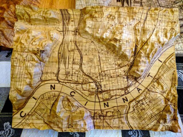 Cincinnati - 3D Map Carving Wood Carved Terrain With Woodburned Features, Lines & Text - image 1