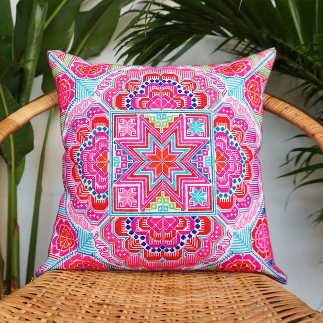 Embroidered Hmong Pillow Cover, Bohemian Cushion, Thai Home Decor - Cs101stwhi - image 1