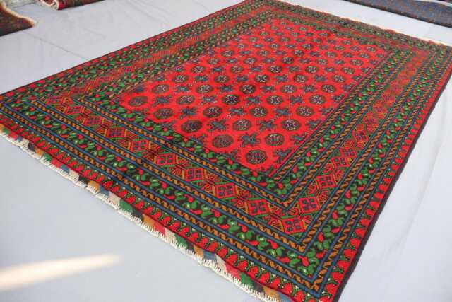 7x10 Red Afghan Rug, Hand Knotted Soft Pile Wool Oriental Area Turkmen Tribal Bukhara Rug - Rugs For Living Room, Bedroom - image 1