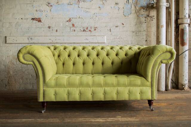 British Handmade Lime Green Velvet 2 Seater Chesterfield Sofa - image 1