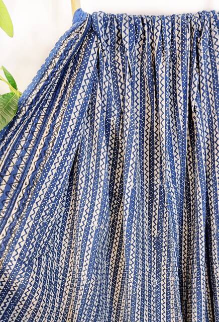 Kantha Stitch Pure Cotton Reversible Bed/Sofa Throw King Size Handmade Dohar - White Indigo Blue Geometric Chevron Wave - image 1