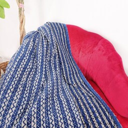 Kantha Stitch Pure Cotton Reversible Bed/Sofa Throw King Size Handmade Dohar - White Indigo Blue Geometric Chevron Wave - thumbnail 2