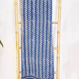 Kantha Stitch Pure Cotton Reversible Bed/Sofa Throw King Size Handmade Dohar - White Indigo Blue Geometric Chevron Wave - thumbnail 3