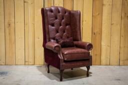 British Handmade Claret Red Leather With Vintage Mulberry Velvet Chesterfield High Back Wing Chair - thumbnail 1