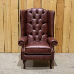 British Handmade Claret Red Leather With Vintage Mulberry Velvet Chesterfield High Back Wing Chair - thumbnail 2