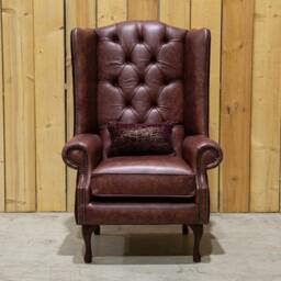 British Handmade Claret Red Leather With Vintage Mulberry Velvet Chesterfield High Back Wing Chair - thumbnail 3