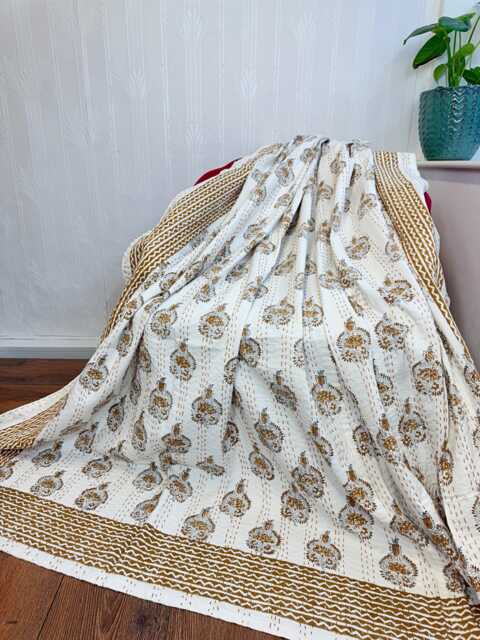 Kantha Stitch Pure Cotton Reversible Bed/Sofa Throw King Size - Handmade Handprinted Floral Dohar White Earthen Olive Brown Gold Tribal - image 1