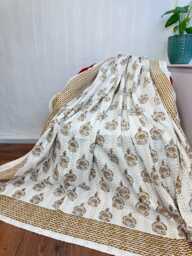 Kantha Stitch Pure Cotton Reversible Bed/Sofa Throw King Size - Handmade Handprinted Floral Dohar White Earthen Olive Brown Gold Tribal