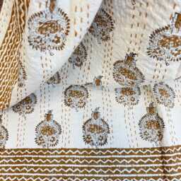 Kantha Stitch Pure Cotton Reversible Bed/Sofa Throw King Size - Handmade Handprinted Floral Dohar White Earthen Olive Brown Gold Tribal - thumbnail 3