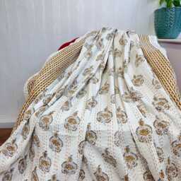 Kantha Stitch Pure Cotton Reversible Bed/Sofa Throw King Size - Handmade Handprinted Floral Dohar White Earthen Olive Brown Gold Tribal - thumbnail 2