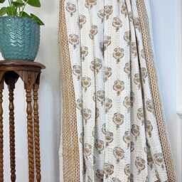 Kantha Stitch Pure Cotton Reversible Bed/Sofa Throw King Size - Handmade Handprinted Floral Dohar White Earthen Olive Brown Gold Tribal - thumbnail 4