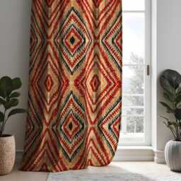 Boho Tribal Diamond Curtains, Red Beige Ikat Print Drapes, Made To Measure Window Panels, Bold Geometric Design For Living Room Or Bedroom - thumbnail 2