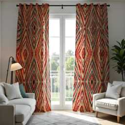 Boho Tribal Diamond Curtains, Red Beige Ikat Print Drapes, Made To Measure Window Panels, Bold Geometric Design For Living Room Or Bedroom - thumbnail 3