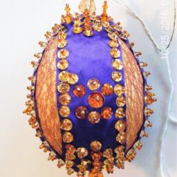 Copper Accented On Royal Blue Handmade Hand Beaded Original Shatterproof Christmas Ornament Gift - thumbnail 2
