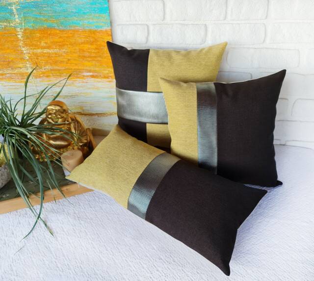 Color Block Pillow Cover Faux Leather, Yellow & Brown Linen - image 1