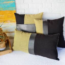 Color Block Pillow Cover Faux Leather, Yellow & Brown Linen - thumbnail 3