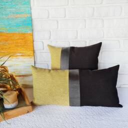 Color Block Pillow Cover Faux Leather, Yellow & Brown Linen - thumbnail 4