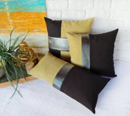 Color Block Pillow Cover Faux Leather, Yellow & Brown Linen