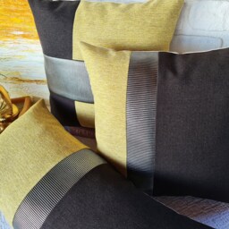 Color Block Pillow Cover Faux Leather, Yellow & Brown Linen - thumbnail 2