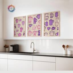 Coffee House Prints - Set Of 3 - Pink & Purple Kitchen Wall Art Retro Decor Gallery Shop Lover Gifts Trendy - thumbnail 1