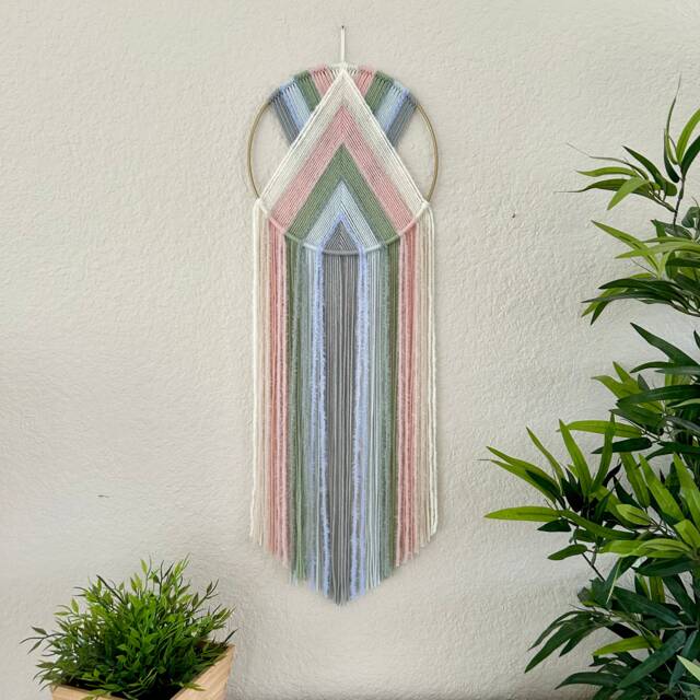 Pink & Green Yarn Wall Hanging, Pastel Nursery Decor, Macrame Art, Boho Tapestry, Beaded Handmade Hangings, Dorm Art - image 1