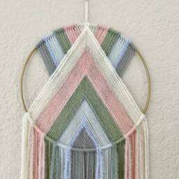 Pink & Green Yarn Wall Hanging, Pastel Nursery Decor, Macrame Art, Boho Tapestry, Beaded Handmade Hangings, Dorm Art - thumbnail 4