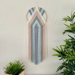 Pink & Green Yarn Wall Hanging, Pastel Nursery Decor, Macrame Art, Boho Tapestry, Beaded Handmade Hangings, Dorm Art - thumbnail 1